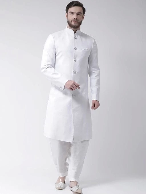 White Solid Sherwani And Pjyama