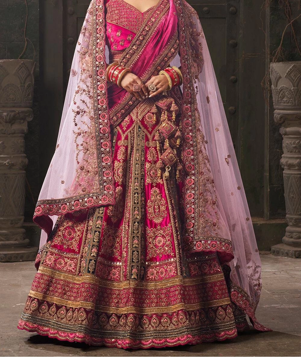 Embroidered Velvet Lehenga in Pink