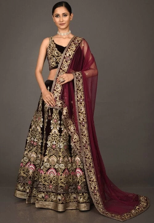 Hand Embroidered Velvet Lehenga in Maroon