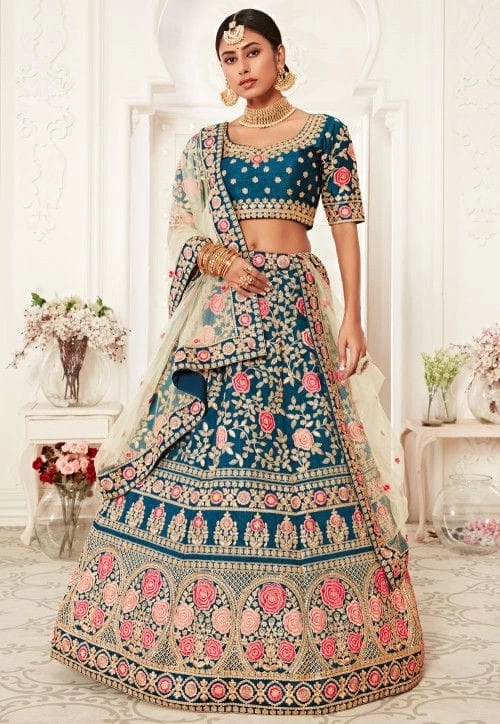 Embroidered Art Silk Lehenga in Teal Blue