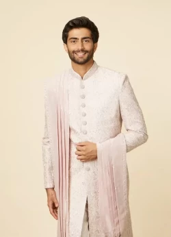 Cloud Pink Self Patterned Rhinestone Embellished Sherwani Set