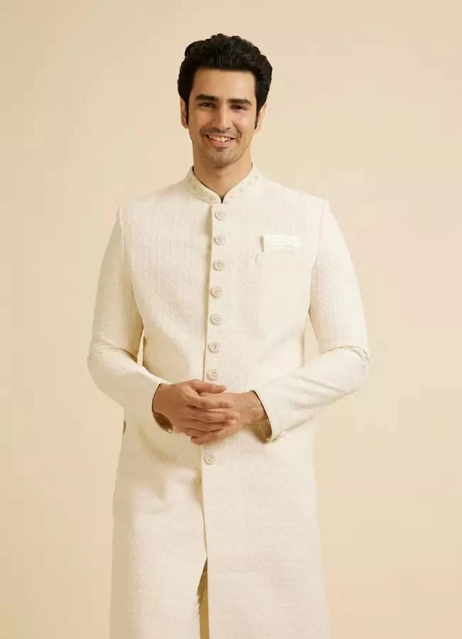 Cream Jaal Patterned Sherwani Set