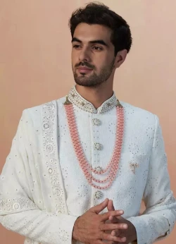 Pearl White Chikankari Sherwani With Dupatta