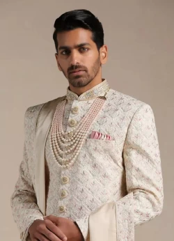 Pearled Ivory Floral Patterned Sherwani Set