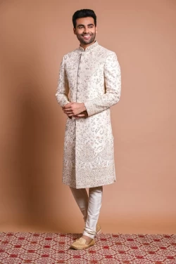Cream Raw Silk Sherwani With Pearl, Cut Dana & resham Work