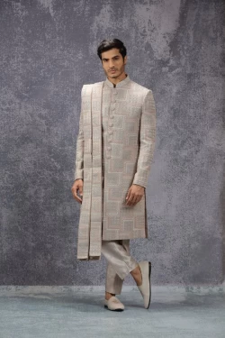 Pastel Peach Silk Sherwani Set With Geometric Motifs