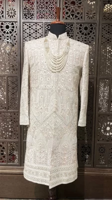 Cream men’s silk sherwani with embroidery