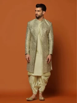 Men Beige Embroidery Silk Blend Jacquard Kurta Indowestern Sherwani Dhoti Set with Abstract Print